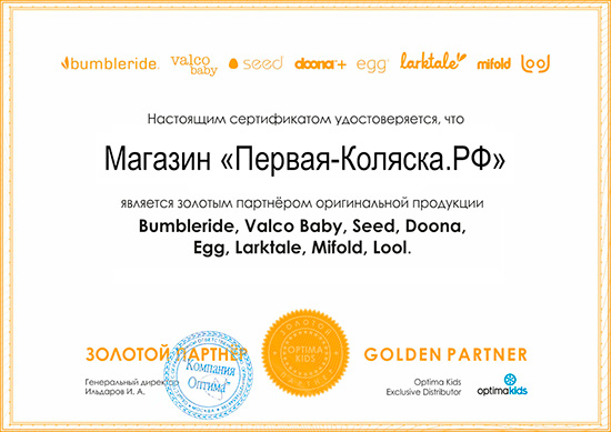 Сертификат золотого партнёра Bumbleride